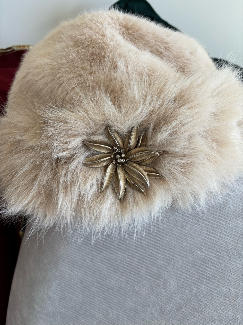 Plush Faux Fur Beige Women's Hat with Gold Brooch
